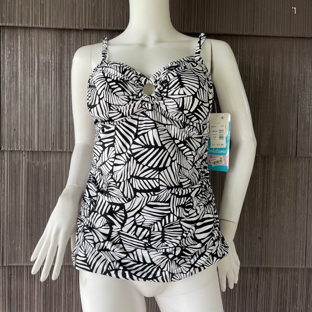 🔥NWT $76 Caribbean Joe Black & White Tropical Palm Leaf Print Tankini Swim Top